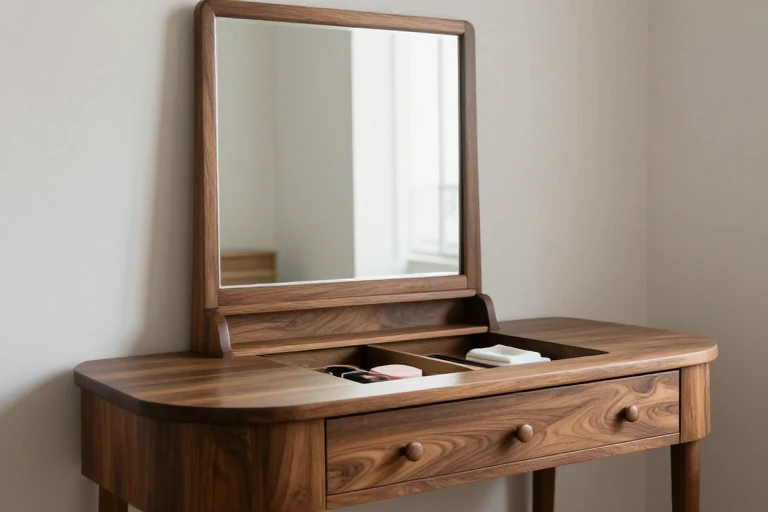 Dark wood vanity organized with drawers, a tray, and task lighting