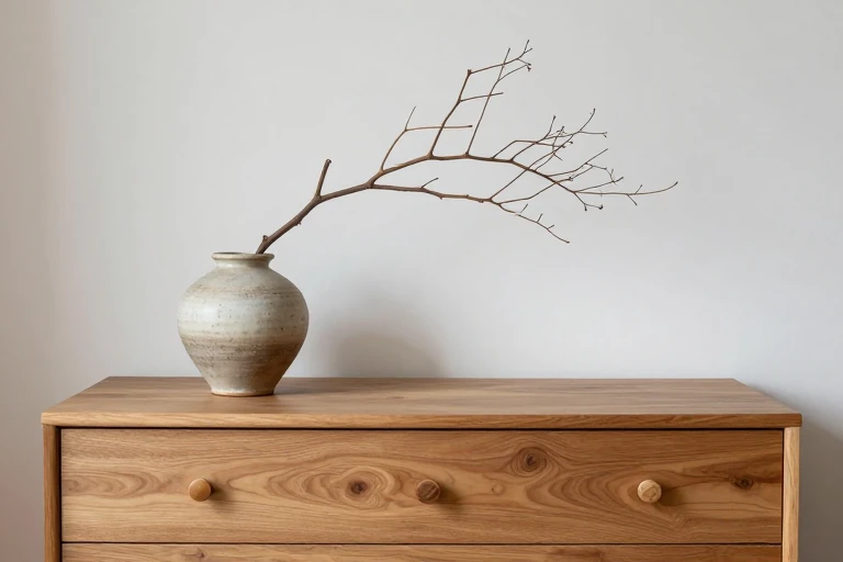 Sculptural dried branch displayed on a dark wood dresser