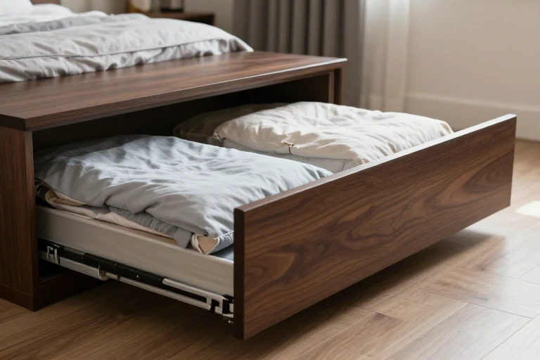 Integrated under-bed drawers storing folded bedding in closed organizers