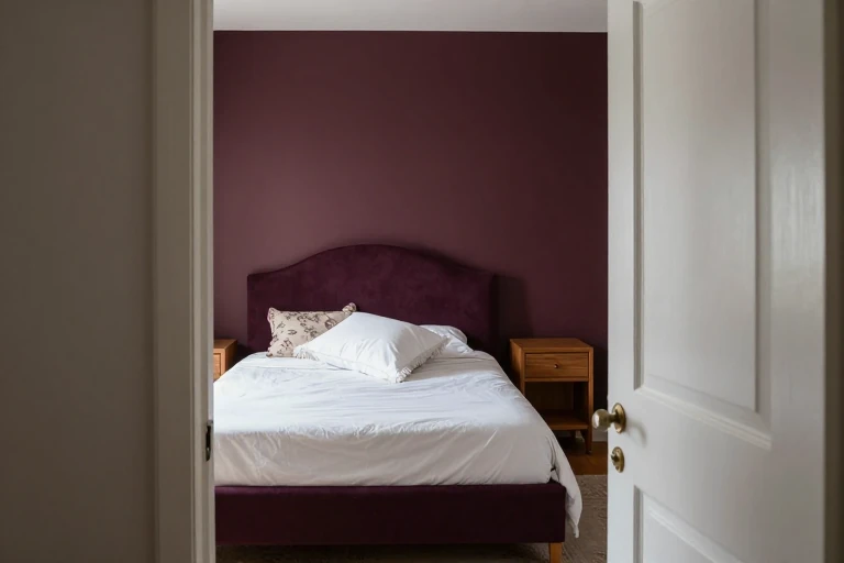 Curved headboard balanced with tailored furniture and restrained pattern