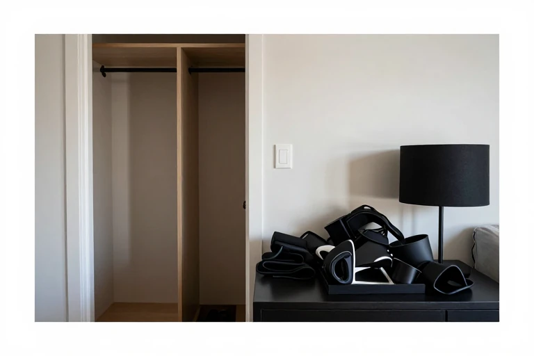 Overcrowded dark bedroom surface being edited to reduce clutter