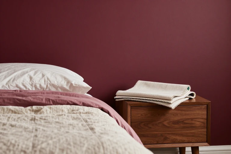 Burgundy bedroom palette with walnut and muted layered textiles