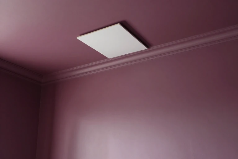 Plum ceiling tested above smoky mauve bedroom walls