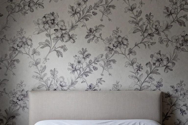 Charcoal floral wallpaper aligned behind an upholstered bed