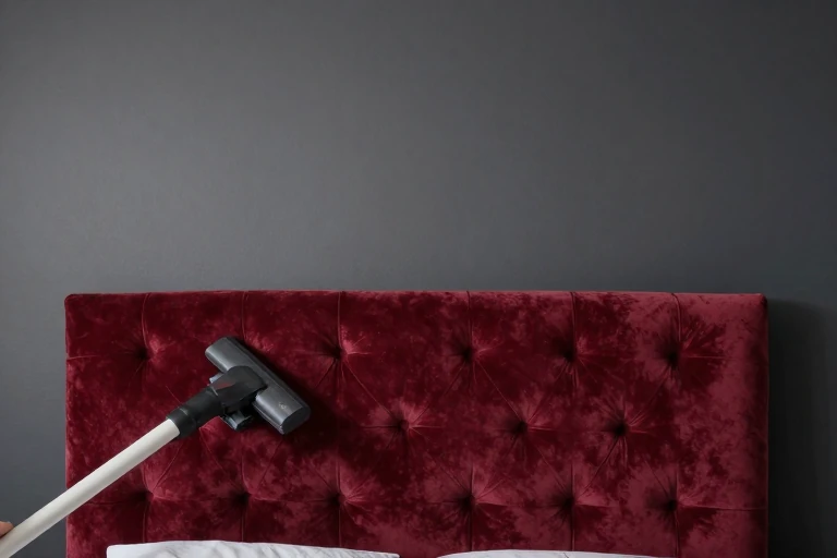 Oxblood velvet headboard being cleaned against a charcoal wall