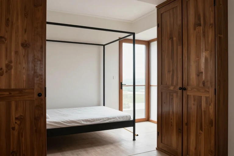 Slim black bed frame with a measured open path beside it