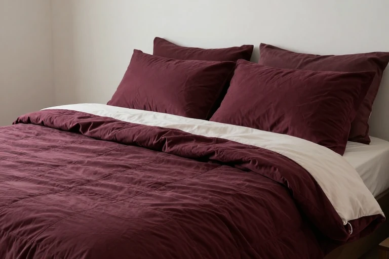 Layered wine bedding with cotton sheets and a velvet cushion