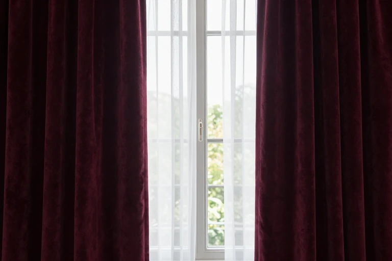 Velvet curtains opened beside a sheer-covered bedroom window