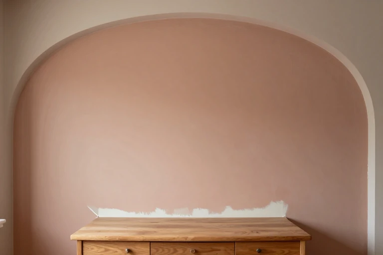 Painted wall arch framing a compact wood desk