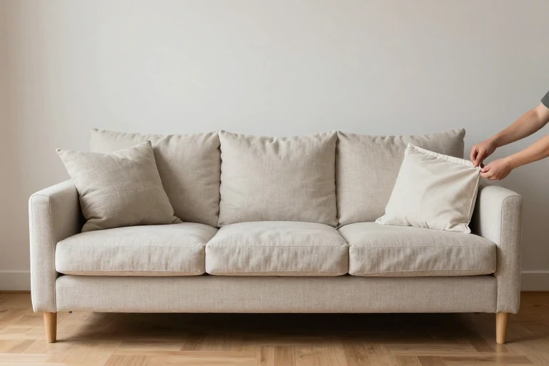 Coordinated handmade pillow covers on a sofa