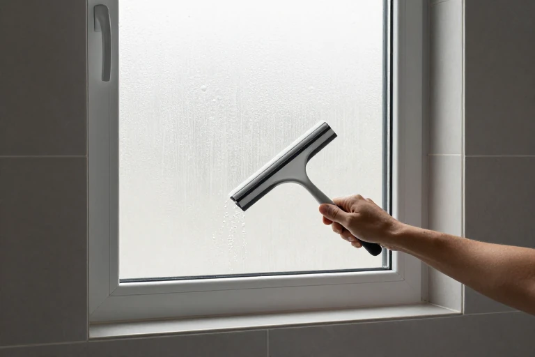 Translucent privacy film being smoothed onto a window