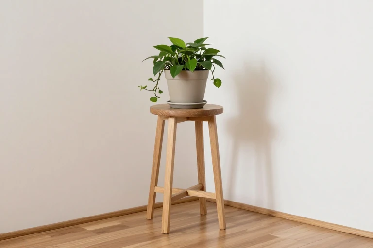 Potted plant placed on a compact wood stand