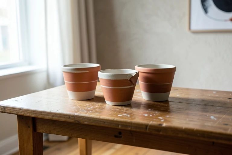 Cachepots painted with coordinated color bands