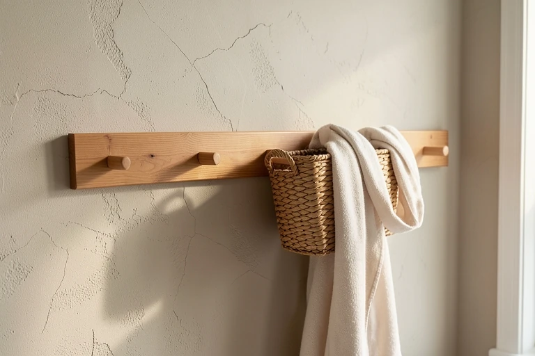 Maple peg rail holding a basket and lightweight robe