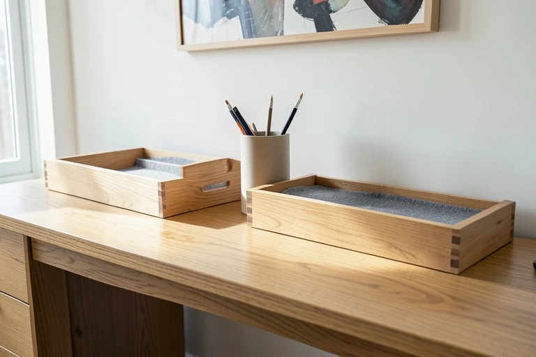 Modular wood organizers arranged by item height