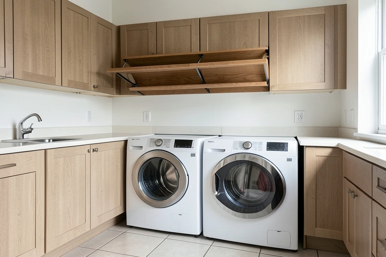 Removable laundry folding shelf above appliances