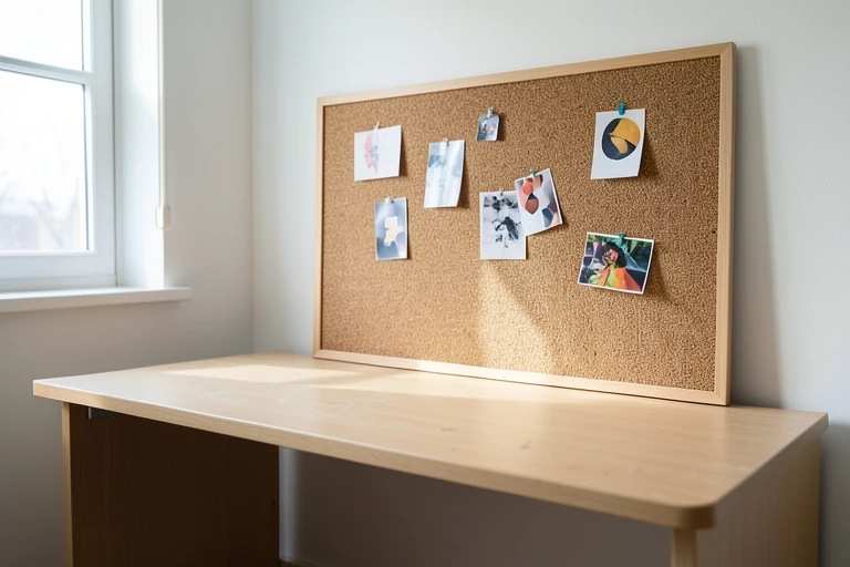 Fabric-covered dorm pinboard above a study desk