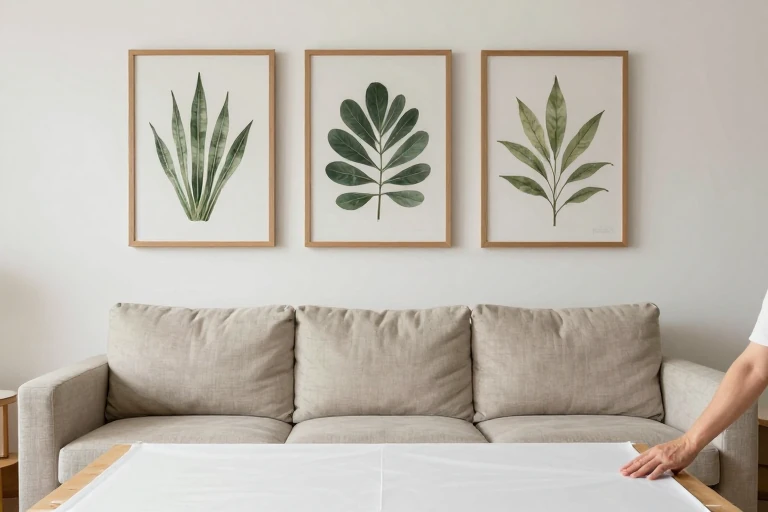 Coordinated framed fabric panels above a sofa