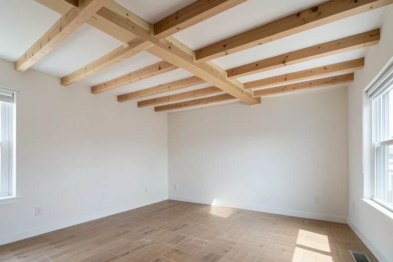 Faux ceiling beams aligned with the room architecture