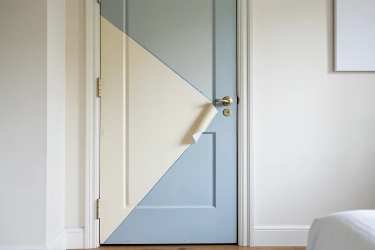 Interior door finished with a simple color-block pattern