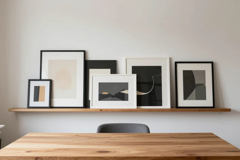 Shallow gallery ledge holding layered art frames