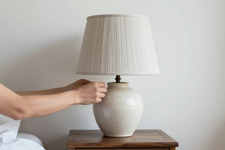 Lampshade being recovered with striped fabric