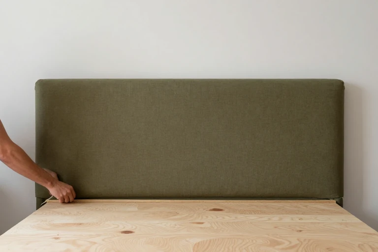 Olive linen being stretched over a headboard panel