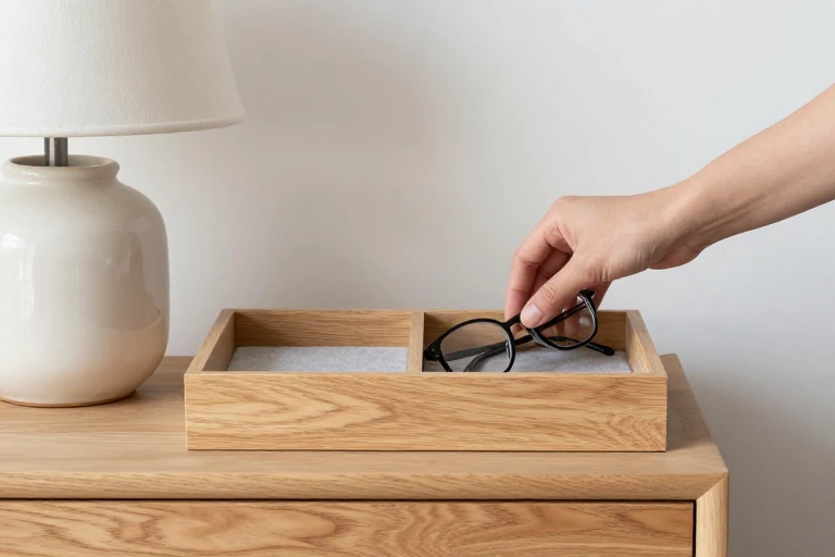 Handmade divided catchall organizing a nightstand