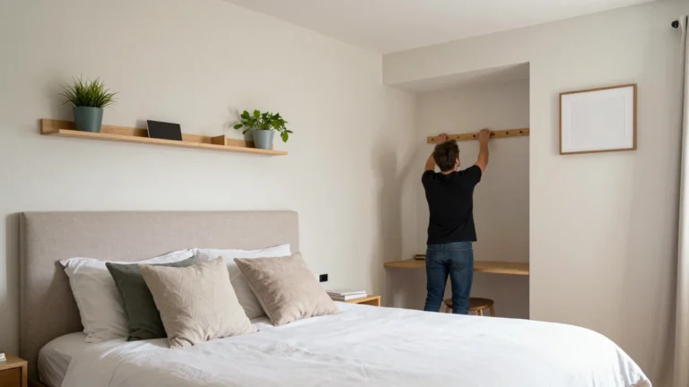 Bedroom and study nook furnished with coordinated handmade decor