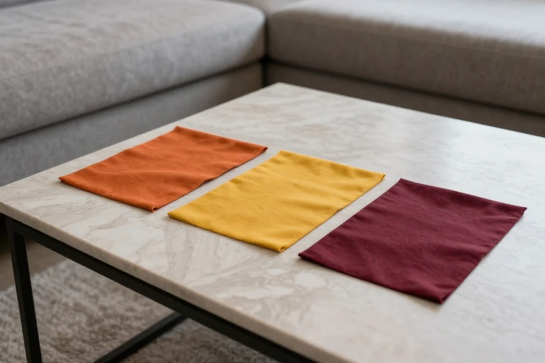 A coffee table with a color swatch palette of orange, mustard, and burgundy placed beside a neutral sofa.
