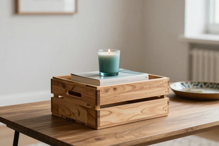 A small wooden crate holding a candle and a book on a coffee table.
