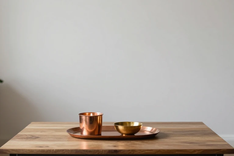 A copper candle holder and a gold decorative bowl on a coffee table.