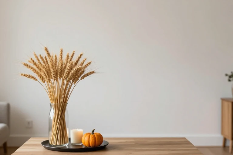A tall glass vase filled with wheat stalks on a coffee table.