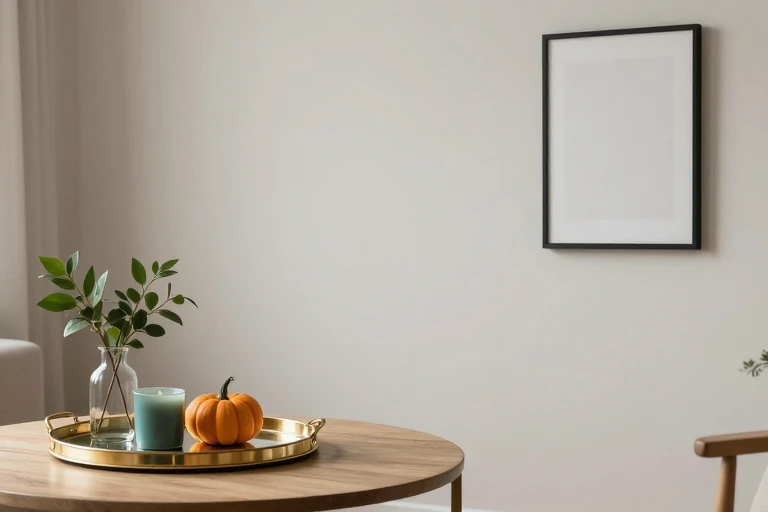 A gold mirrored tray holding candles and a pumpkin on a coffee table.