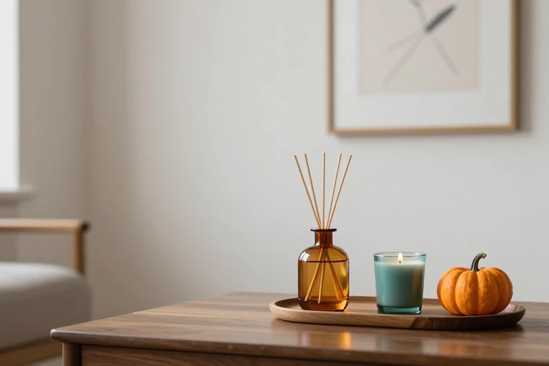 A small amber diffuser with a wooden base on a coffee table.