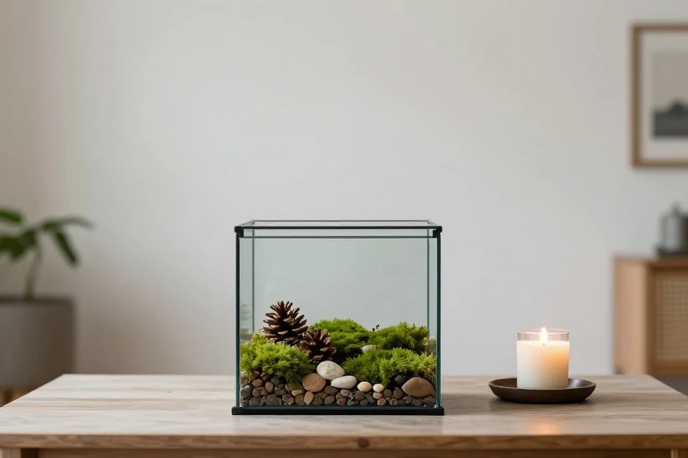 A glass terrarium with moss and pinecones on a coffee table.