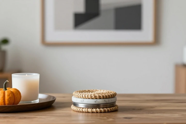 Three stacked coasters of different textures on a coffee table.