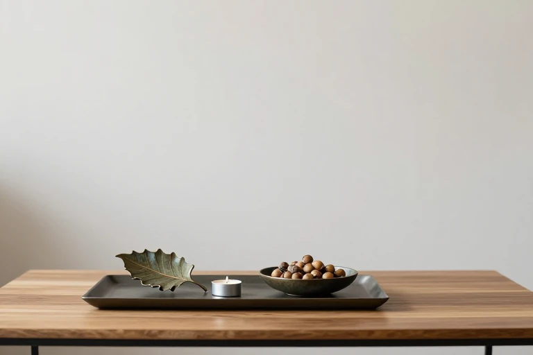 A bronze leaf sculpture on a coffee table tray.