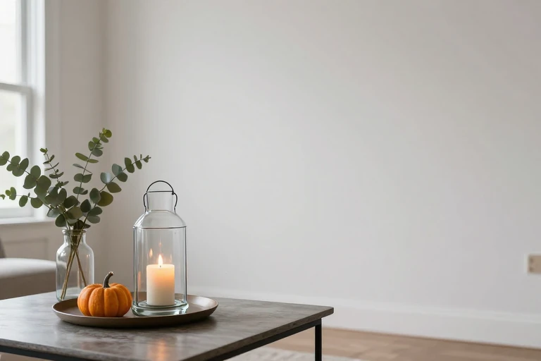 A glass hurricane lantern with a candle on a coffee table.