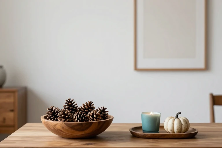A shallow bowl filled with pinecones on a coffee table.
