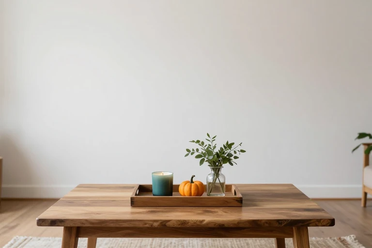A rustic wooden tray holding candles, a pumpkin, and a small vase on a coffee table.