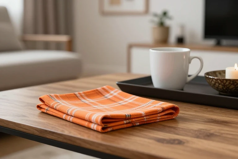 A plaid napkin folded on a coffee table beside a mug.