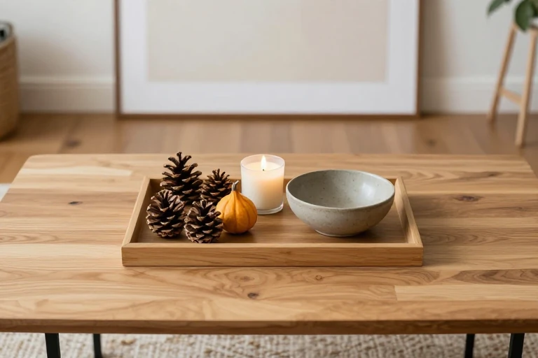 A coffee table with swapped seasonal items like pinecones and mini gourds.