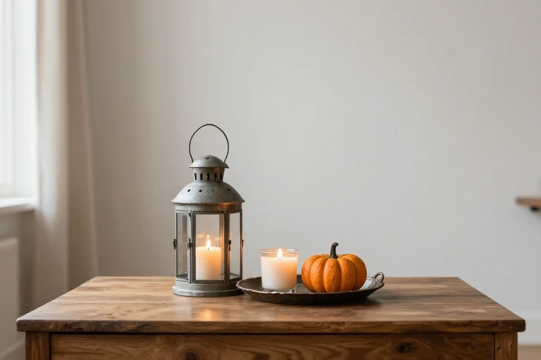 A coffee table with a hurricane lantern, tealight candles, and a scented candle on a tray.