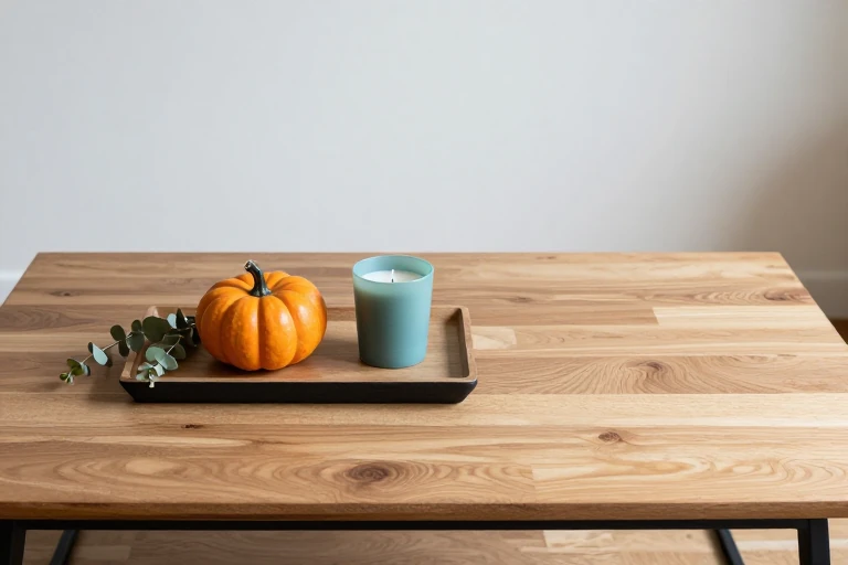 A small orange ceramic pumpkin placed on a coffee table tray beside candles.