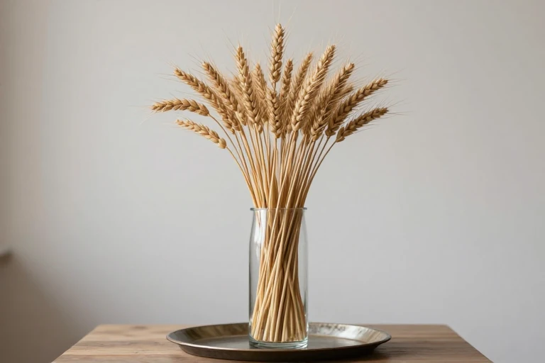 A glass vase with dried wheat stalks on a coffee table tray.