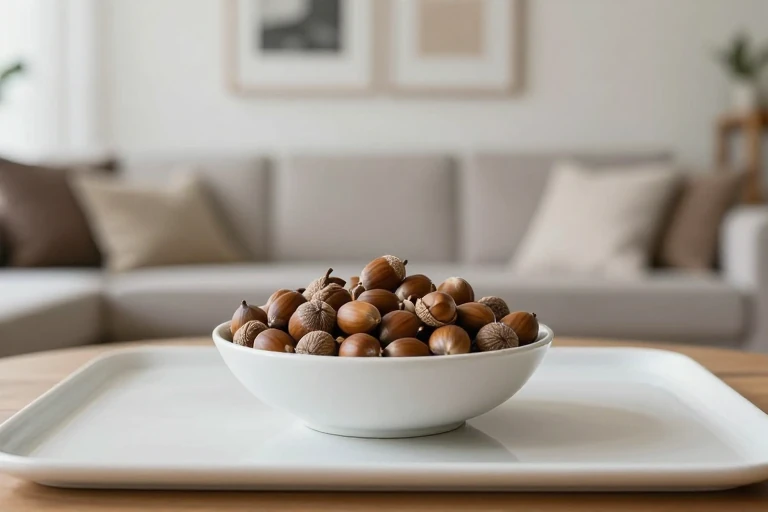 A shallow ceramic bowl filled with acorns on a coffee table.