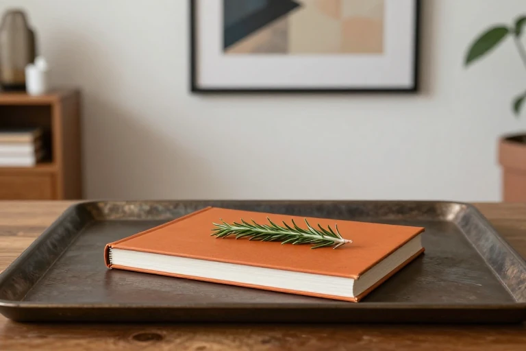 An open coffee table book with a fall cover, topped with a small sprig of rosemary.