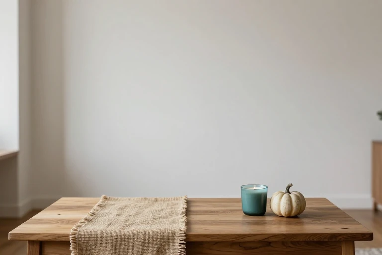 A burlap runner folded on a coffee table beside candles.