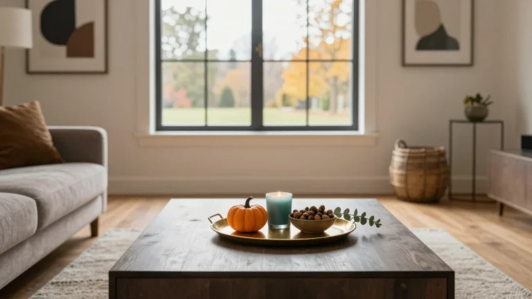 A bright living room with a coffee table styled for fall using a gold tray, pumpkins, candles, and autumn foliage.